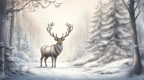 Lovely Full Body Christmas Reindeer Fantasy Magical Watercolor Art, with space for text © Anisgott