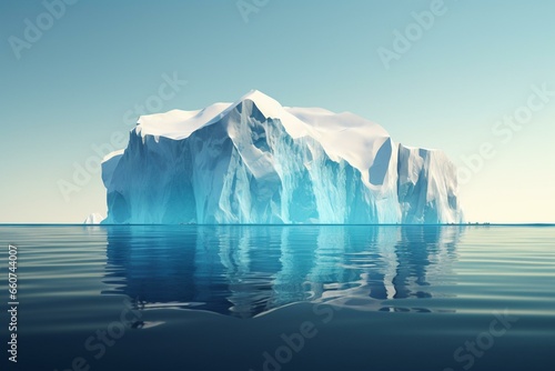 Artistic iceberg on water, symbolizing unseen peril and climate change, ample space for text (3D illustration). Generative AI