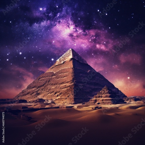 pyramid under a colorful sky  purple  yellow at night