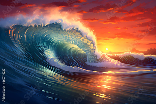 the sunset time on moving wave of water