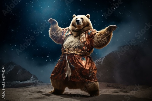 Russian bear dances on moon's surface, representing astronomy and mythology. Generative AI photo