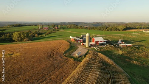 Aerial view of the Midwest USA in autumn. Rural landscape, countryside. Farmland, Agriculture field