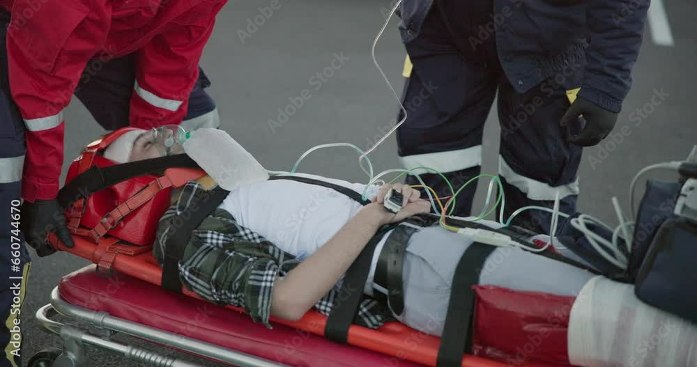 Vidéo Stock Accident, emergency and patient on stretcher for injury, first aid and car crash for