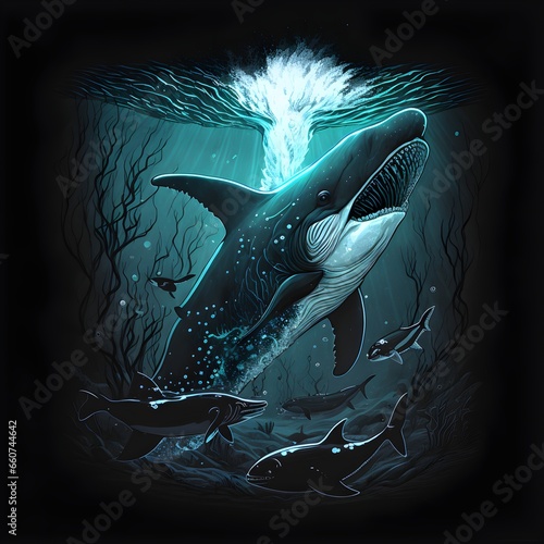 An orca with glowing tattoos fighting a giant squid in the depths of the sea 