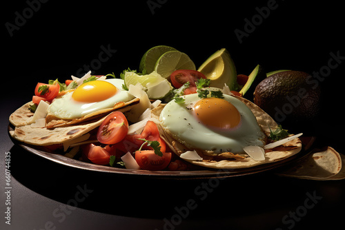 Huevos rancheros with tortillas salsa beans and avocado - ai generated photo