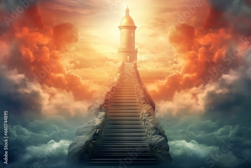 An ethereal stairway ascends towards a heavenly sky door  guiding towards a lighthouse through a dim pathway. Symbolizing resurrection  the entrance to heaven is illuminated amidst. Generative AI