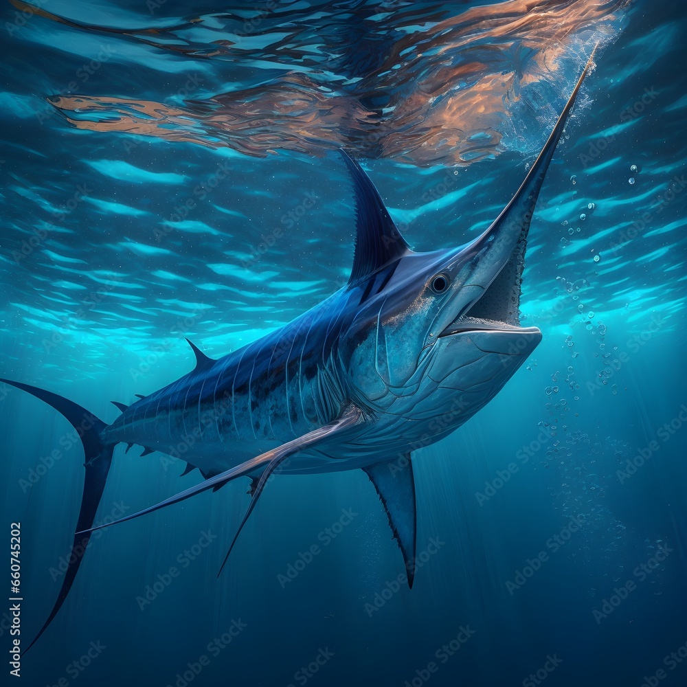 A stunning photo in centrumwith a black marlin in crystal clear water ...