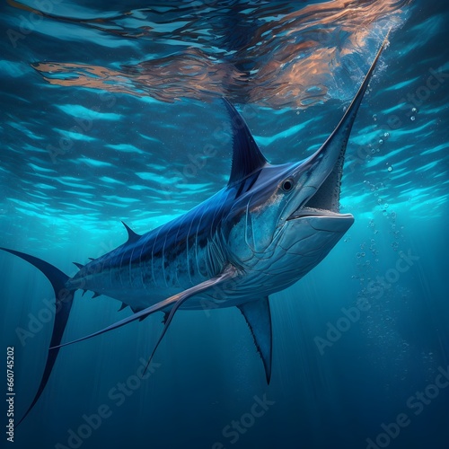 A stunning photo in centrumwith a black marlin in crystal clear water detailed and surrounded by a pristine underwater world It shows the beauty and grace of the marlin and is in vivid color and 