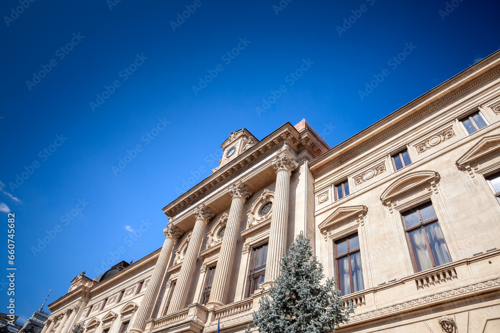 Selective blur on the Main facade of the National Bank of Romania (BNR, Banca Nationala A Romaniei), the central bank of the country and the head of financial institutions.
