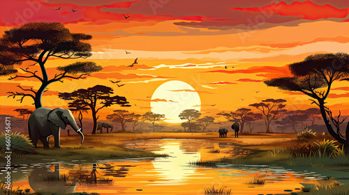 African bush landscape. AI generated illustration