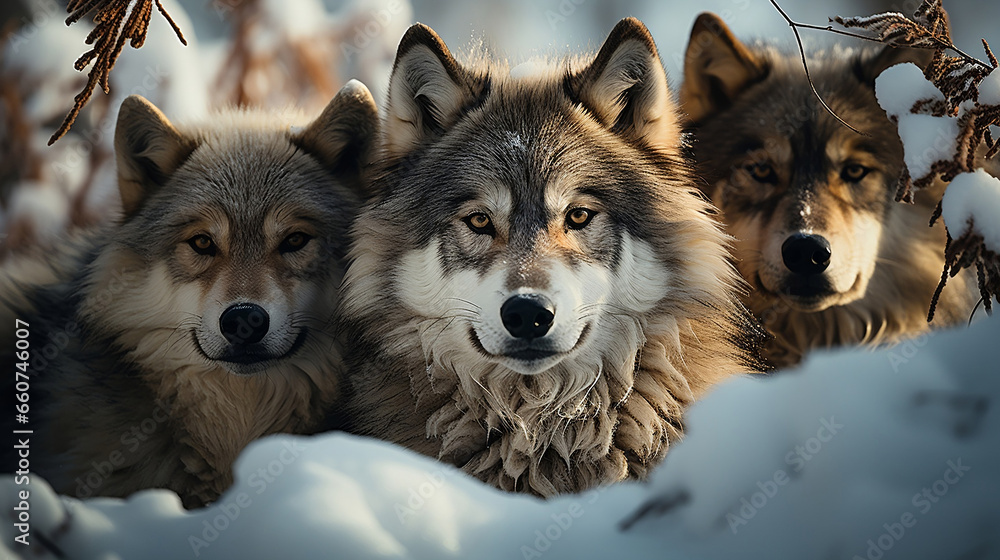 Wolves, Pack of wolves in the forest, wolf hunting