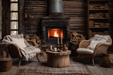A rustic boho-inspired summer cottage with distressed wooden furniture, vintage decor, woven rugs, and a cozy fireplace. The design exudes a sense of comfort and invites relaxation in a summer.