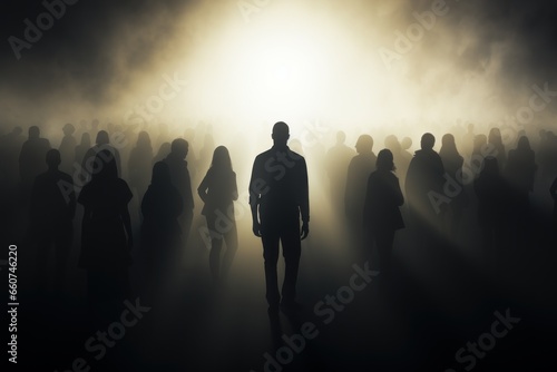silhouette of people in the fog