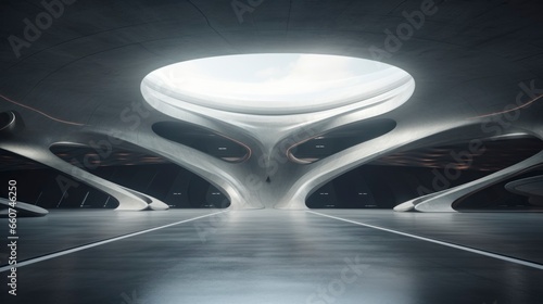 interior of a large warehouse with unique shapes and large space with gray glossy floor in high quality and resolution