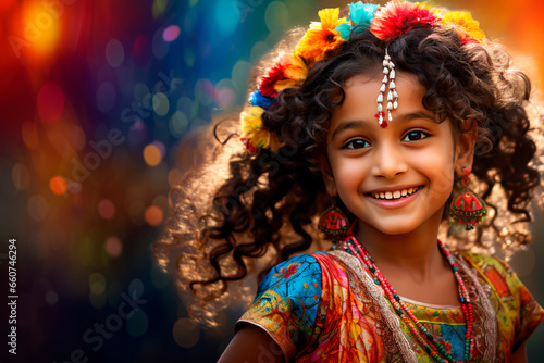 Portrait of a beautiful Indian child on a colored background. A happy child, a joyful and bright childhood.