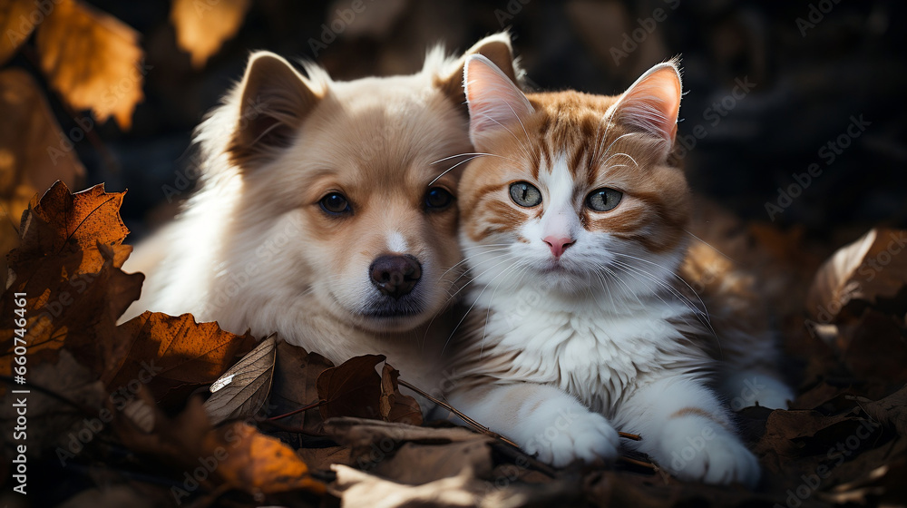 Cute pets, Dogs and Cats sitting next to each other, Puppies and Kittens being friends Cute pets, Dogs and Cats sitting next to each other, Puppies and Kittens being friends