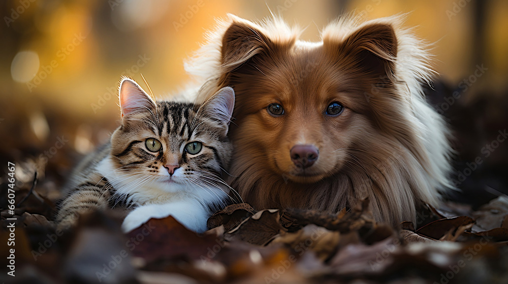 Fototapeta premium Cute pets, Dogs and Cats sitting next to each other, Puppies and Kittens being friends