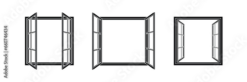 Open window icon set, vector symbol in outline flat style isolated on white background. 
