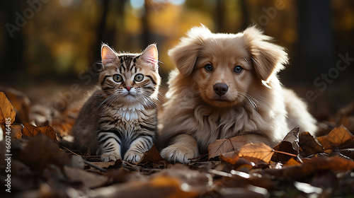 Cute pets, Dogs and Cats sitting next to each other, Puppies and Kittens being friends