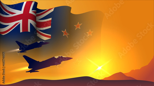 fighter jet plane with new zealand waving flag background design with sunset view suitable for national new zealand air forces day event photo