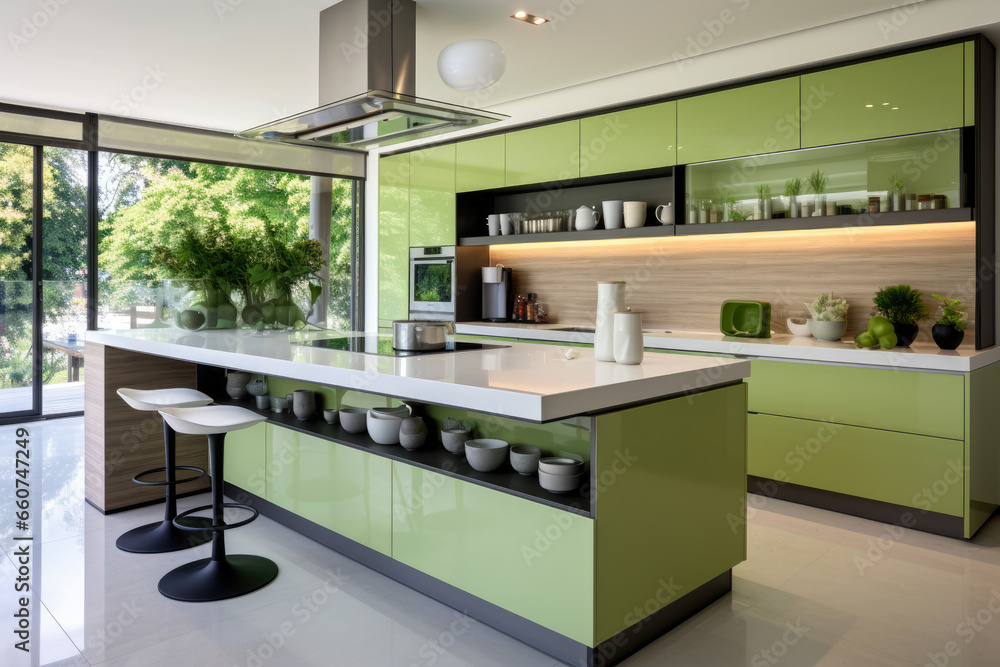 Step into a serene oasis of a modern kitchen awash in refreshing green hues, boasting sleek and contemporary design, energy-efficient and sustainable features, harmonious and clean lines, earthy