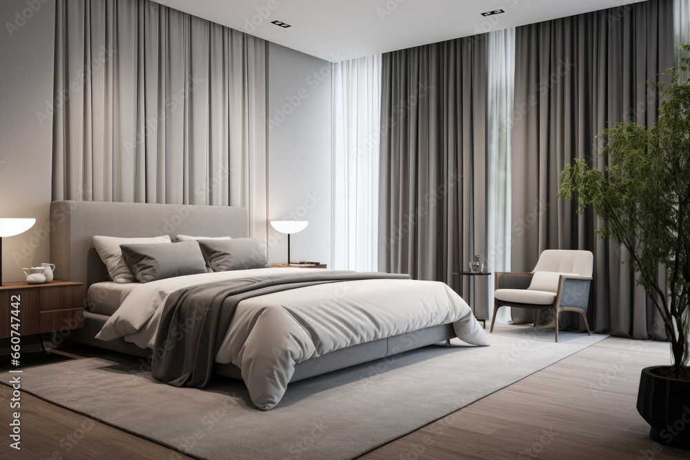 An opulent haven of tranquility and sophistication: a serene and chic bedroom interior with subtle silver tones, exuding elegance and harmonious style.