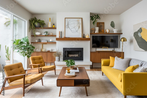Step into a timelessly vibrant mid-century modern living room with cozy ambiance, iconic design elements, clean lines, wooden accents, and Scandinavian influence, featuring statement pieces photo
