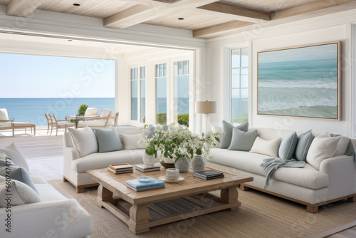 An Airy and Inviting Living Room with Breathtaking Ocean Views  A Serene Coastal Retreat Exudes Coastal Elegance and Coastal Ambiance with Coastal-Inspired Furniture  Cozy Coastal Accessories