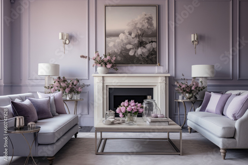 A Serene and Luxurious Living Room Interior in Beautiful Shades of Purple and Lavender, Creating an Elegant and Cozy Atmosphere with Vibrant Furniture, Stylish Accessories, Contemporary Lighting