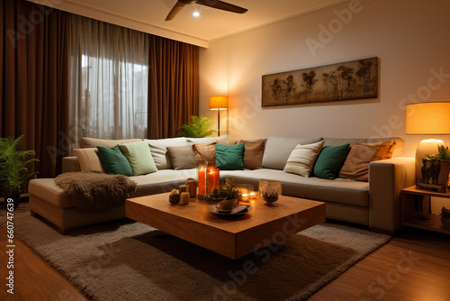 A Cozy and Serene Living Room Interior in Brown and Green Colors, Featuring Earthy Tones, Natural Elements, and Vibrant Accents, Creating a Harmonious Ambiance with Comfortable Furniture © aicandy
