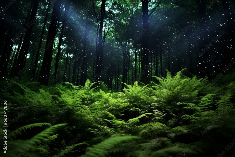 Fern-laden woods under a starlit sky. Generative AI