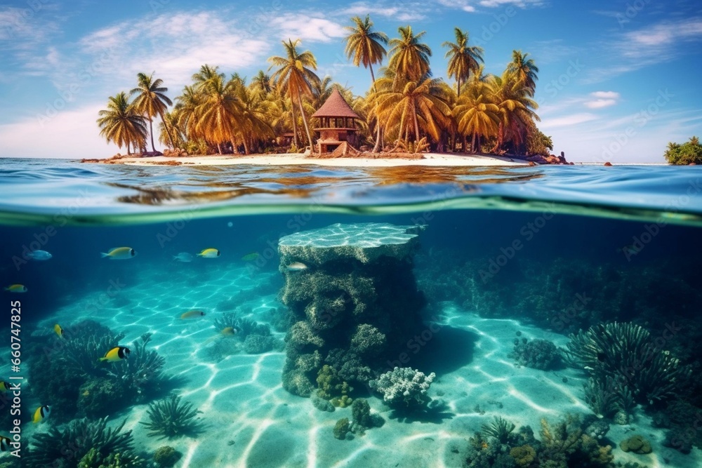 An image of a tropical island with coral reefs and fish, surrounded by ...