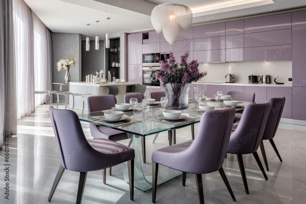 A Serene and Trendy Lilac and Gray Modern Dining Room with Sleek Furniture, Elegant Decor, and Stylish Lighting Fixtures Creates an Inviting and Cozy Atmosphere. A Serene and Trendy Lilac and Gray Modern Dining Room with Sleek Furniture, Elegant Decor, and Stylish Lighting Fixtures Creates an Inviting and Cozy Atmosphere.