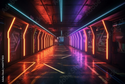 Vibrant corridor with arrow-shaped neon lights, grunge concrete, dark reflection, podium, garage, stage, underground, spaceship. Generative AI