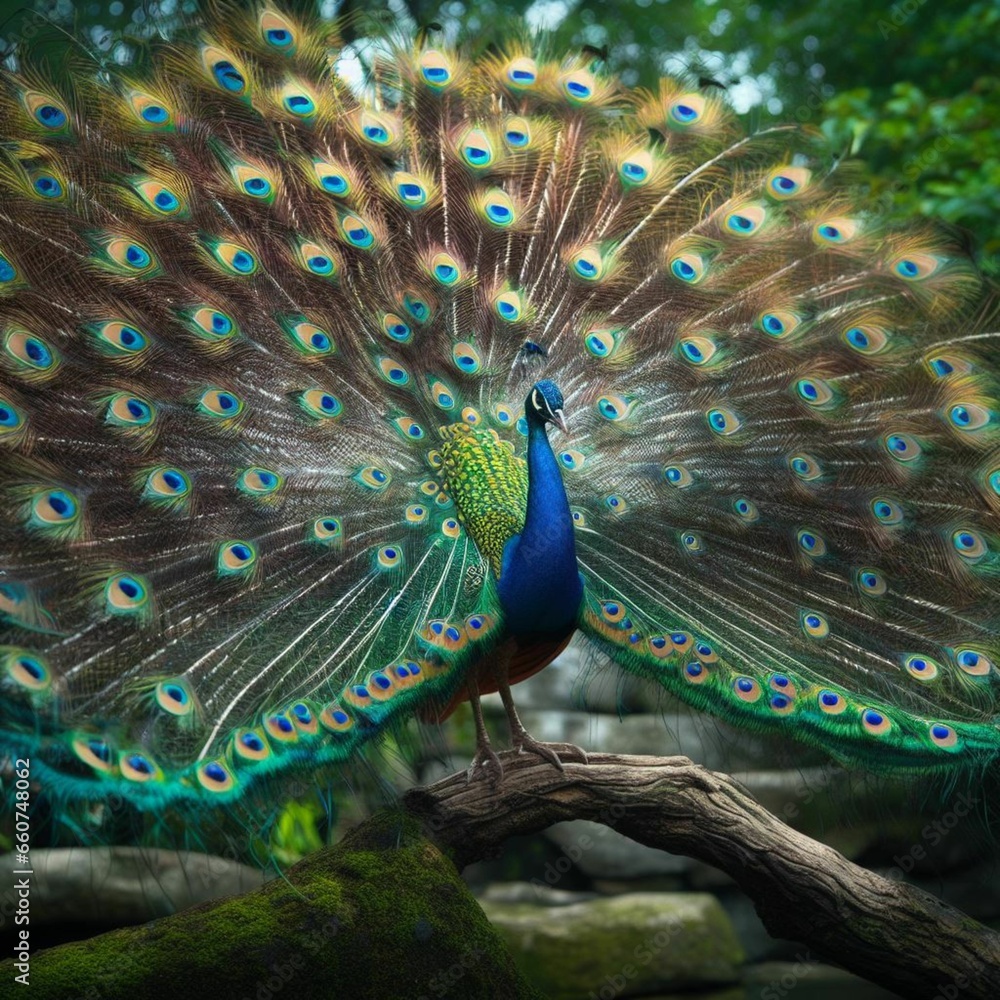 Obraz premium peacock showing its beautiful tail full of colors,generative ai