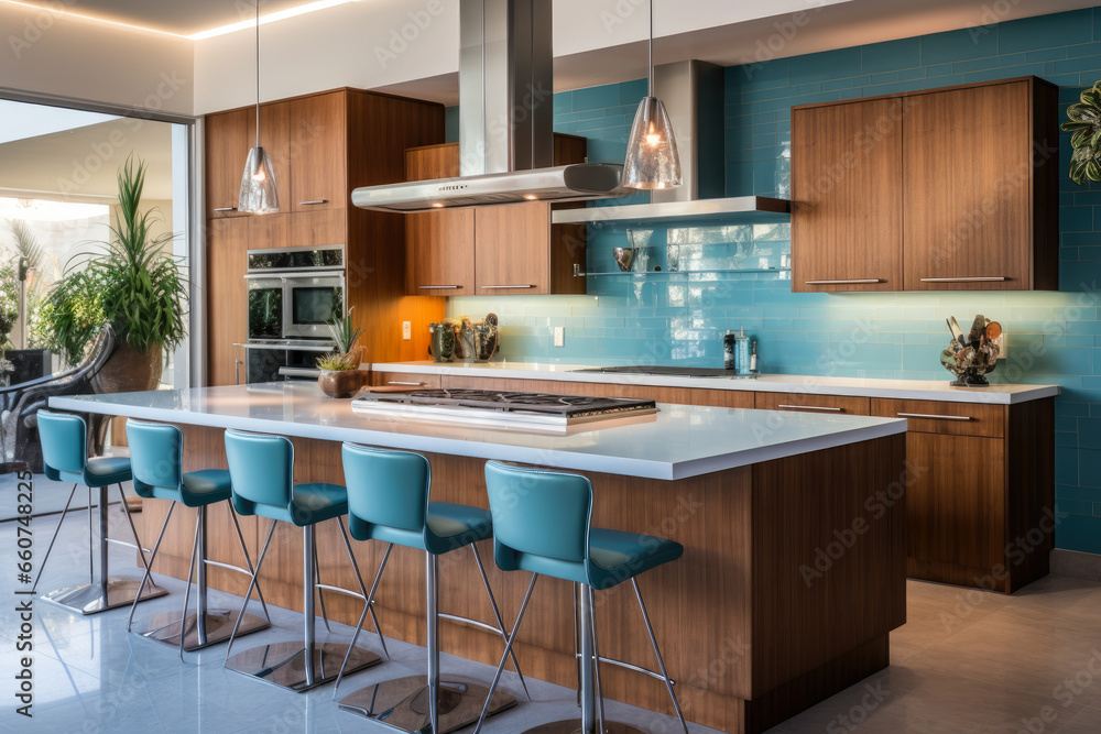 A Modern Kitchen Immersed in Shades of Tranquil Blue: A Serene Oasis for Meal Preparation, Storage, and Socializing with Sleek Aesthetics and Spacious Functionality.