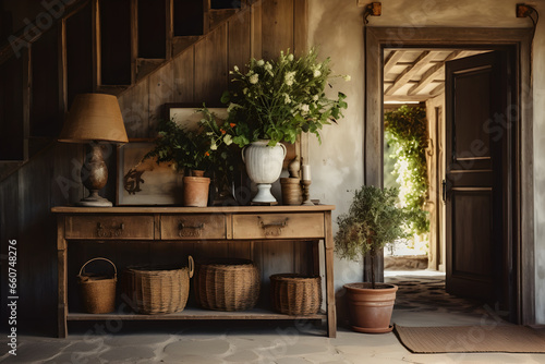  A rustic entryway with weathered wood, vintage accents, and warm earthy tones. The welcoming passage, adorned with potted plants and cozy lighting, conveys the charm of a countryside retreat. © Kuo
