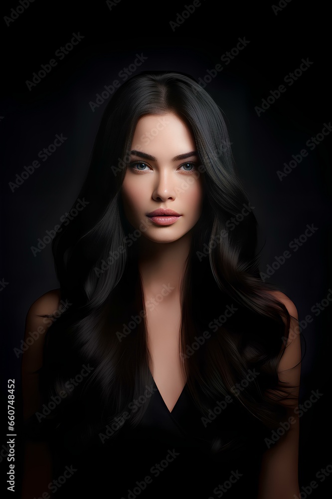 A beautiful woman of model appearance with well-groomed long black wavy hair and an expressive look. Generative AI. A beautiful woman of model appearance with well-groomed long black wavy hair and an expressive look. Generative AI.