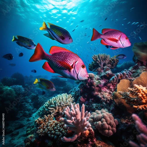 Colorful parrotfish on vibrant coral formations