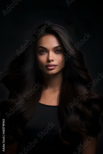 A beautiful woman of model appearance with well-groomed long black wavy hair and an expressive look. Generative AI. © Chirus