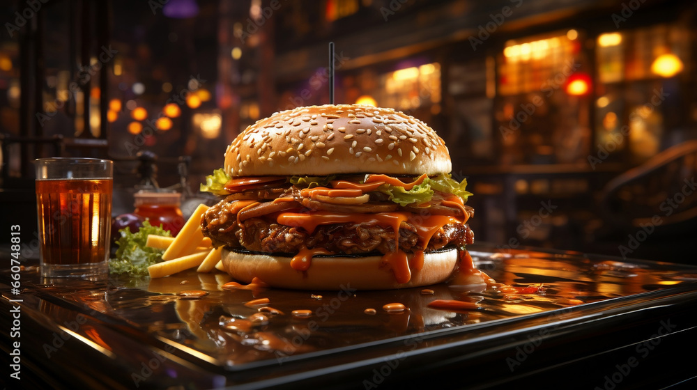 Large appetizing burger on a table in a cafe - obrazy, fototapety, plakaty 