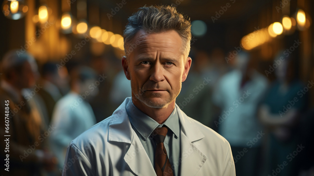 Handsome doctor in the foreground, hospital in the background Handsome doctor in the foreground, hospital in the background
