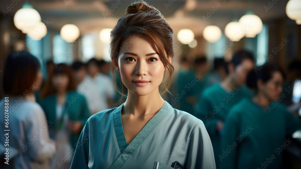 Handsome doctor in the foreground, hospital in the background Handsome doctor in the foreground, hospital in the background