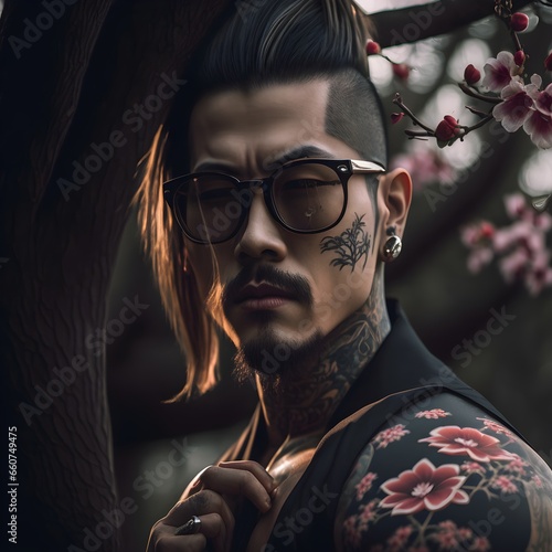 asian male model volume wearing rayban clubmaster eye glasses japanese samurai forarm tattoo sleeve fine line photo realistic perfect face ultra detailed elegant pose long hair in a ponytail upper  photo