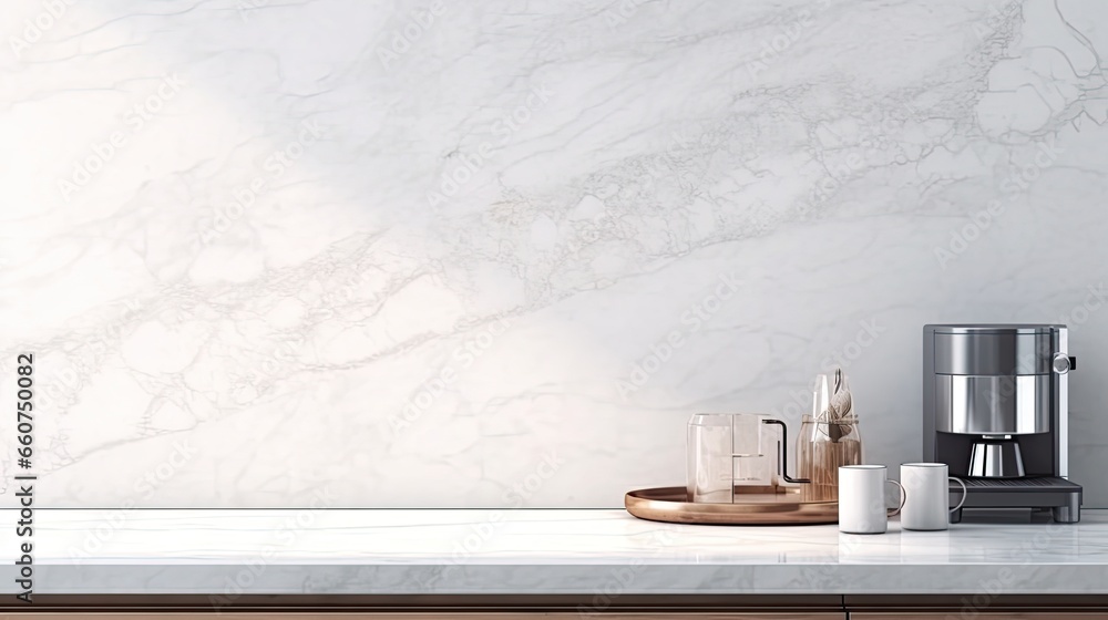 Interior of modern kitchen with white marble countertop Interior of modern kitchen with white marble countertop