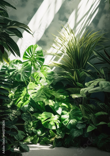 Beautiful bespoke shadowy tropical garden overflowing with rich tropical plants  with natural light and sunshine