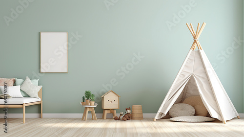 Green pastel children room with teepee tent, Scandi interior design  © NoLimitStudio