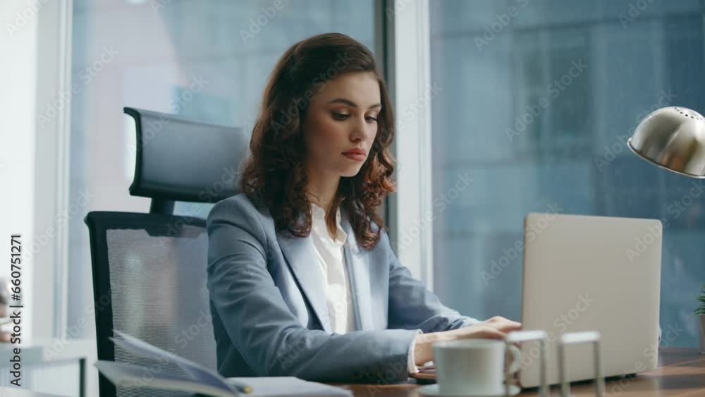 Woman manager corresponding client using laptop sitting luxury office close up. Woman manager corresponding client using laptop sitting luxury office close up.