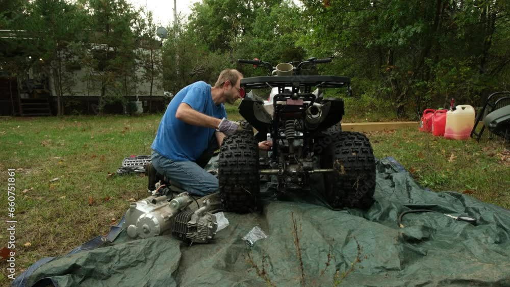 New gas motor has been installed in four wheeler after vehicle overheated and broke down. New gas motor has been installed in four wheeler after vehicle overheated and broke down.
