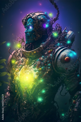 zombie astronaut with jewels zombie wearing a futuristic suit starry night sky bright fantasy setting high fantasy emotional senses feelings magical fog sunlight full body trending on artstation 
